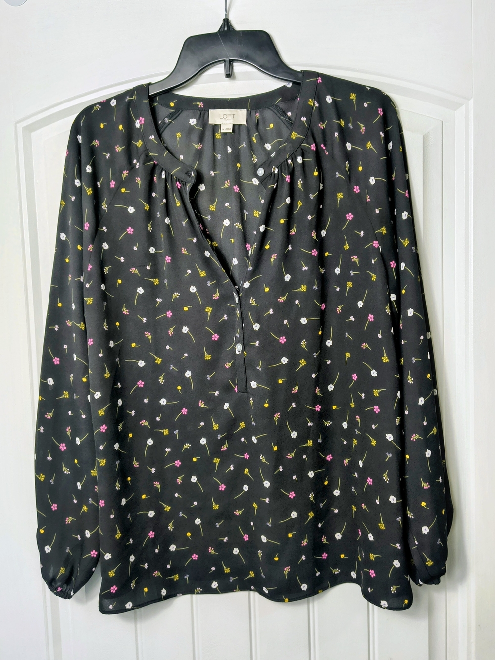 LOFT Black Floral Long-Sleeve Blouse